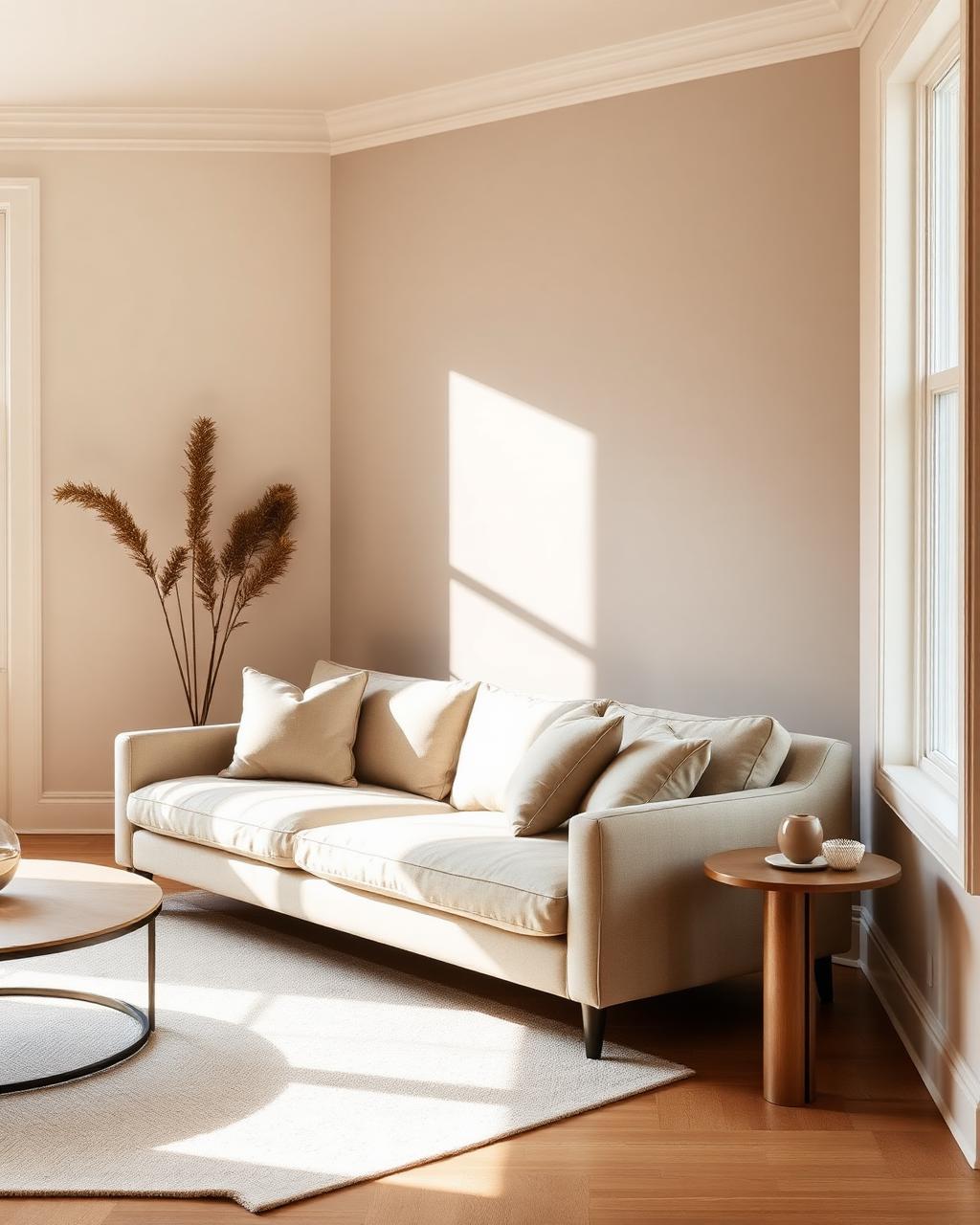 Sunlit Bay Area living room with linen sofa